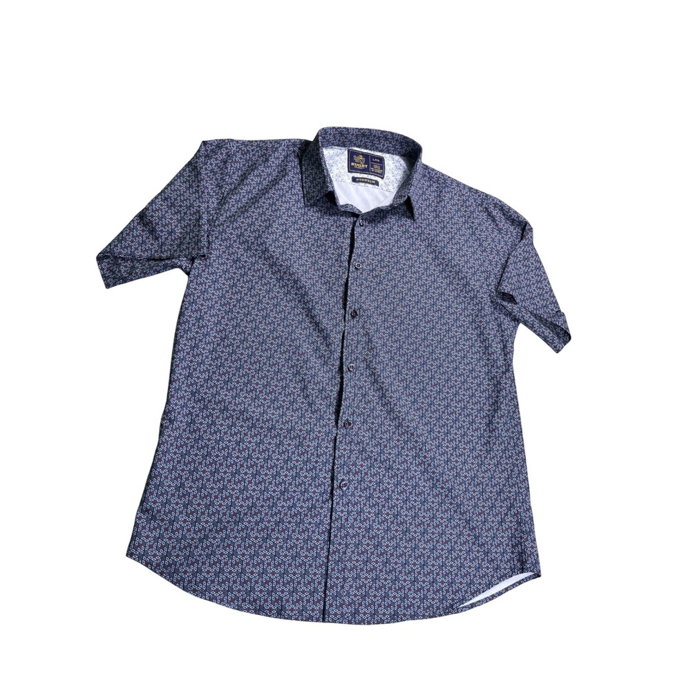 Rugby University Men's Large Stretch Button Up Shirt Blue Geometric Print Casual